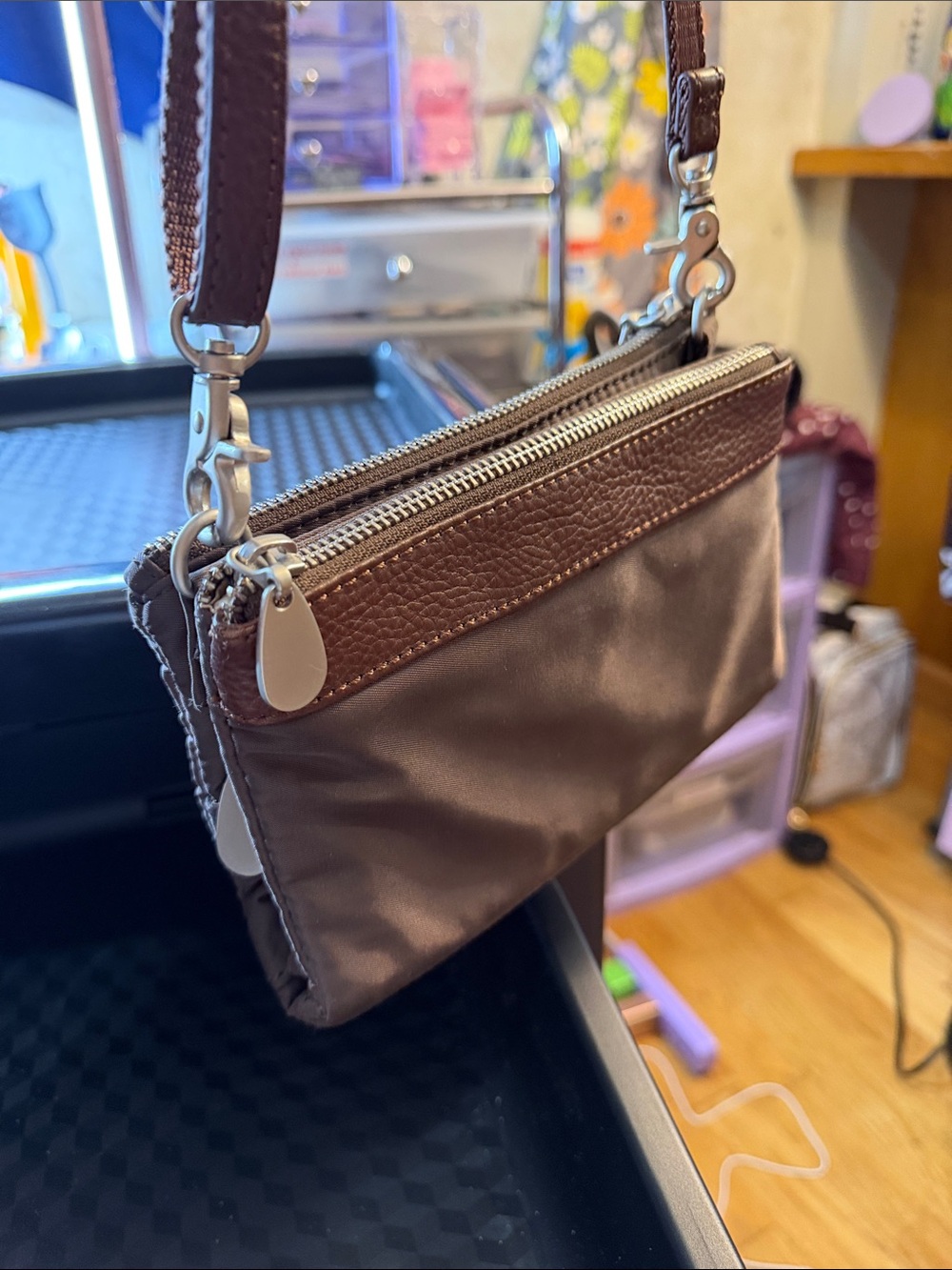 Brown Wristlet Pouch with Leather Trim